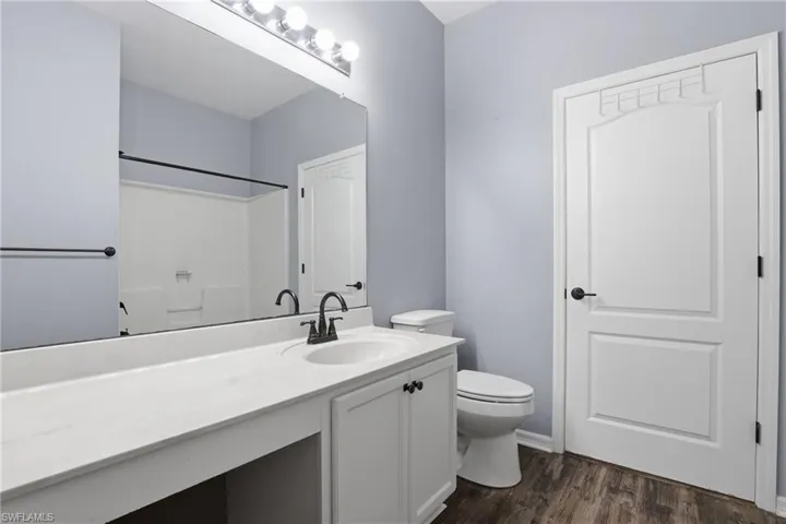 Bathroom featuring vanity, dark wood-type flooring, and a shower