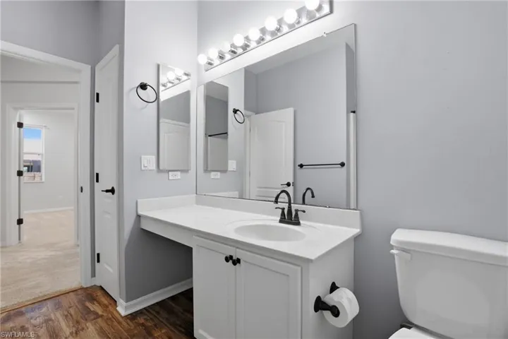 Bathroom featuring vanity and dark wood-style floors