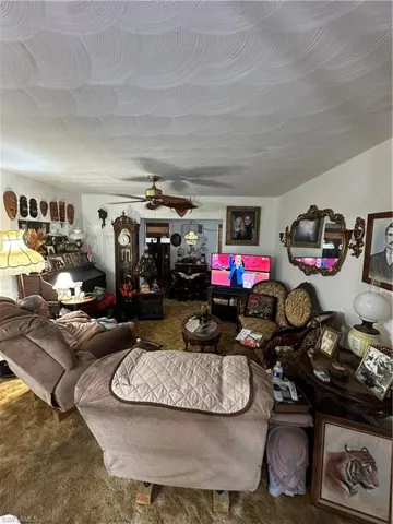 Living area featuring a ceiling fan and a textured ceiling