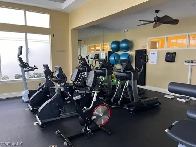 Exercise room with ceiling fan