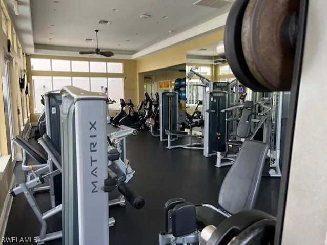 Exercise room featuring ceiling fan and a tray ceiling
