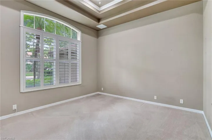 Carpeted empty room with a tray ceiling