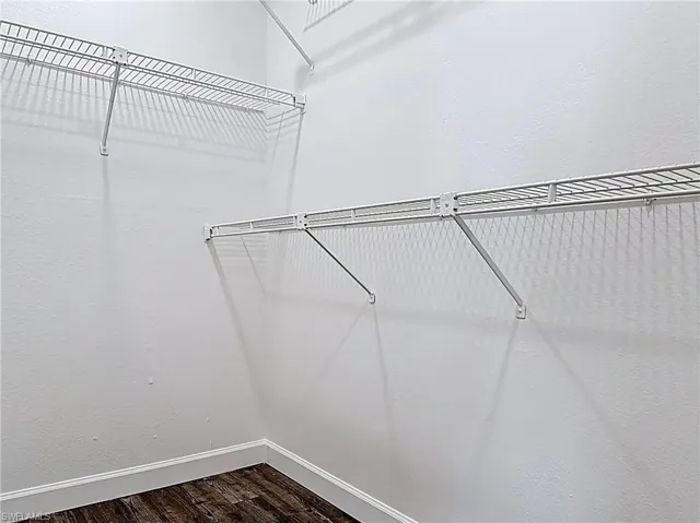 Spacious closet with dark wood-style floors