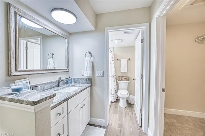 Bathroom featuring toilet, vanity, baseboards, wood finished floors, and a shower with curtain