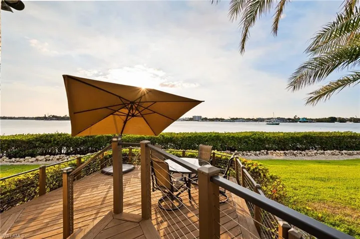 Wooden deck with a water view