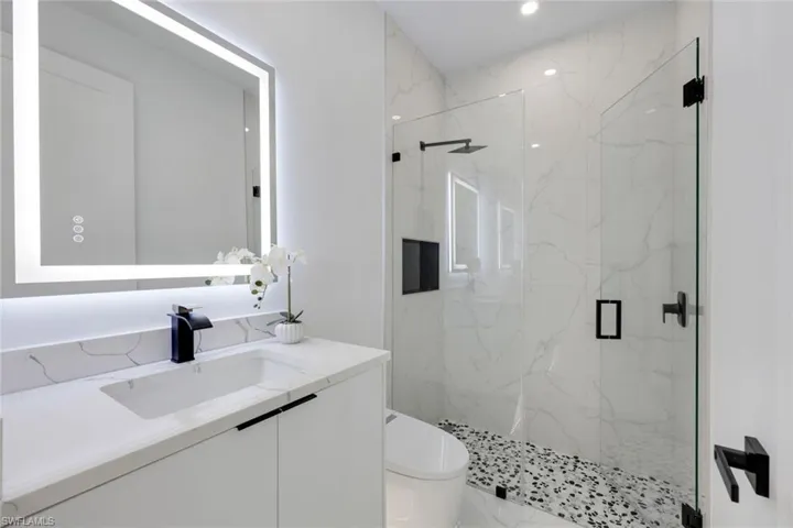 Bathroom with vanity, a shower with shower door, and toilet