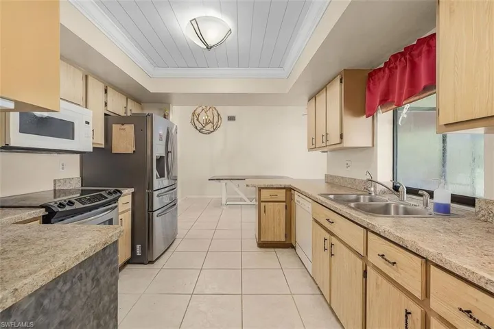 Kitchen with sink, a tray ceiling, stainless steel appliances, and light brown cabinets