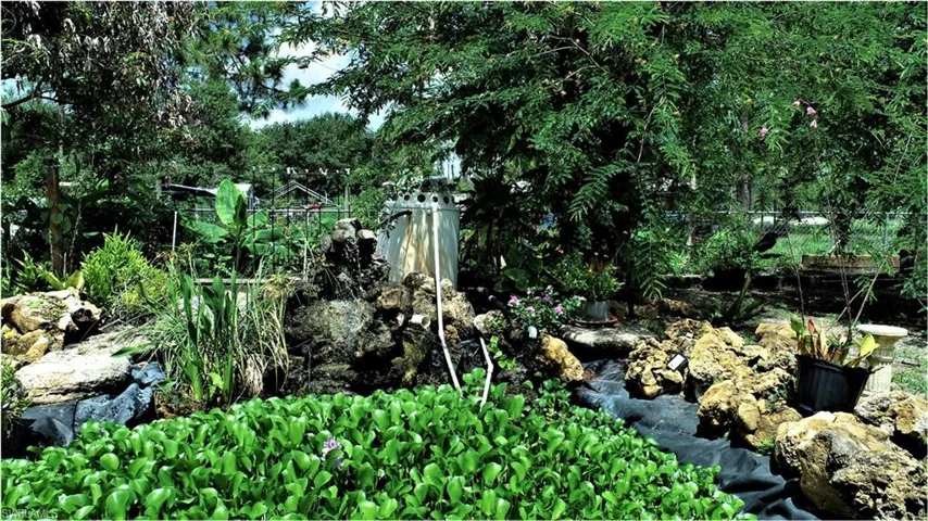 View of yard featuring a small pond