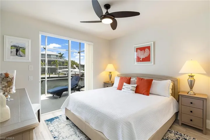 Bedroom with ceiling fan, access to outside, and light wood-style floors