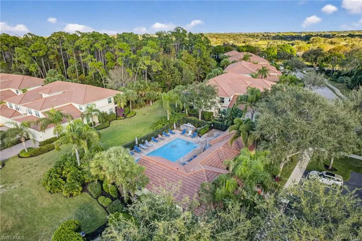 Aerial view of property and surrounding area with a pool area