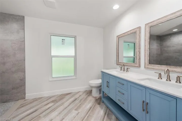 Double sinks in the master bath. A privacy glass window to allow lots of natural light