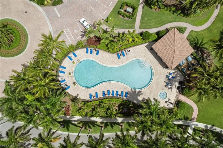 Aerial overview of property's location featuring a pool