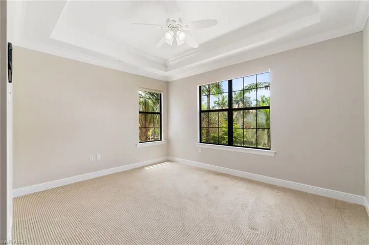 Unfurnished room featuring a raised ceiling, carpet, crown molding, a ceiling fan, and baseboards