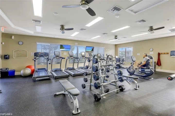 Gym at the clubhouse overlooking pool area