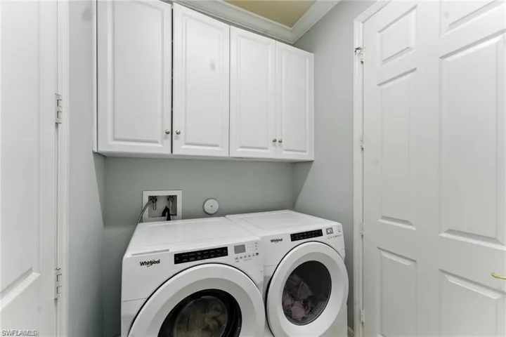LAUNDRY HAS NEW WASHER AND DRYER, CABINET SPACE ABOVE, AND SINK. THE LAUNDRY ROOM DOOR TO LEFT IS THE GARAGE AND RIGHT GOES INTO THE HOME