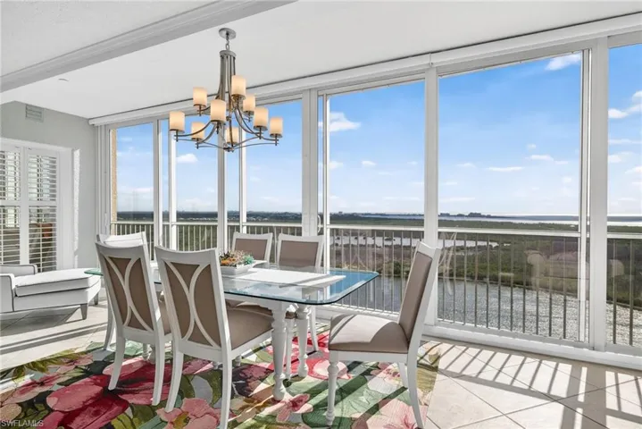 Sunroom with a water view and a chandelier
