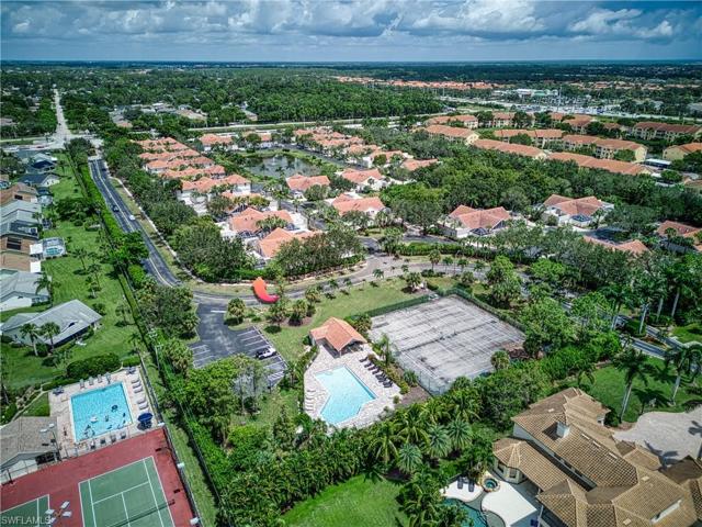 Ariel view of the pool and tennis courts