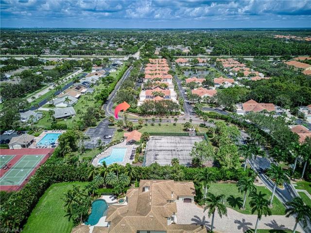 Ariel view of the pool and tennis courts