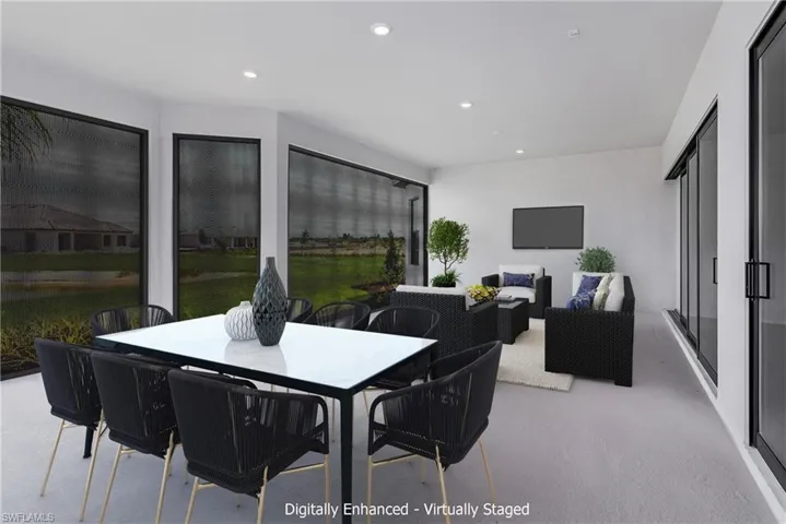 Dining space with light carpet
