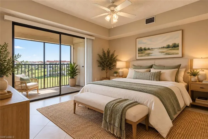 Primary Bedroom, with Sliding Door to Screened In Lanai, Virtually Staged