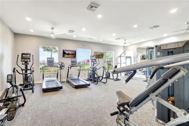 Workout area featuring light carpet and ceiling fan