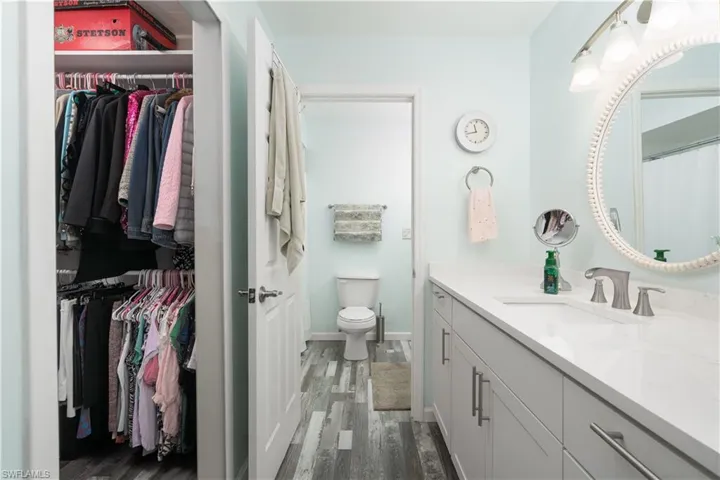 Bathroom featuring vanity, a walk in closet, dark wood-style floors, and a shower with curtain