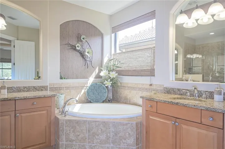 Bathroom featuring vanity, shower with separate bathtub, and plenty of natural light