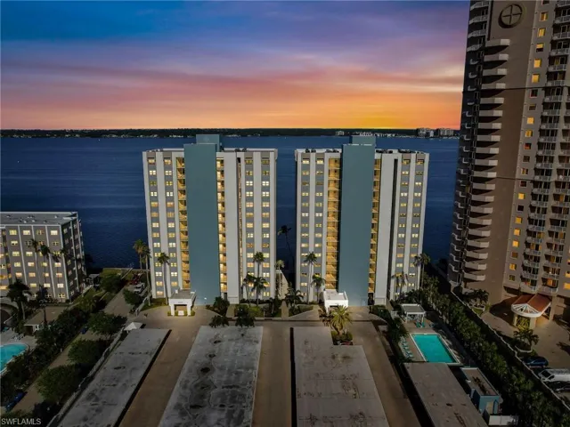 Aerial view at dusk with a water view