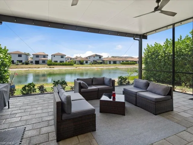 View of patio featuring a ceiling fan, a water view, and a residential view