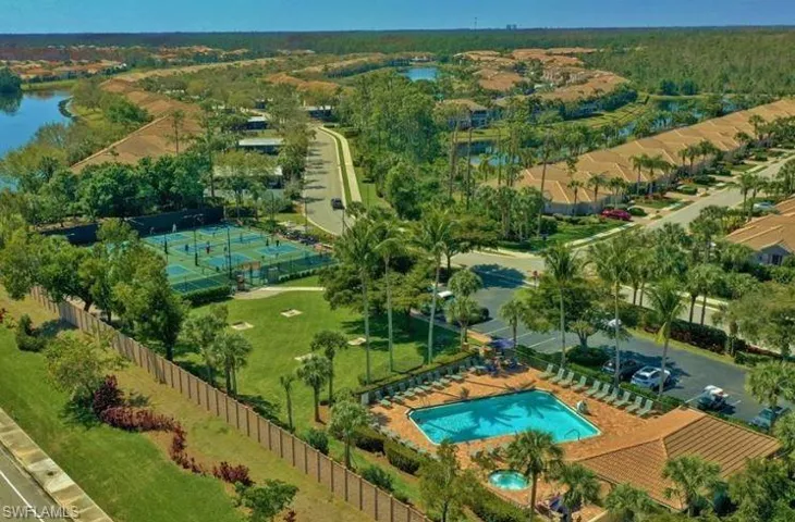 Birds eye view of property with a water view