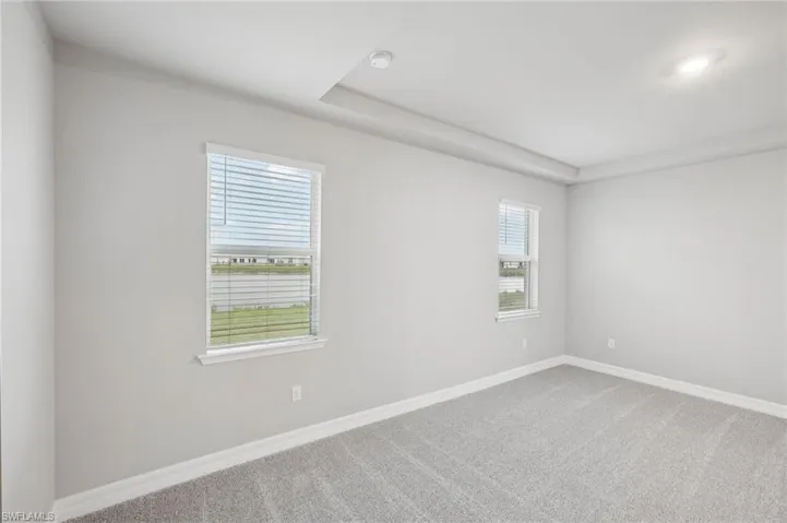 Carpeted spare room featuring a smoke detector, baseboards, and a raised ceiling
