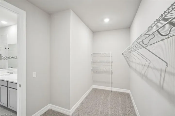 Walk in closet with light colored carpet and a sink