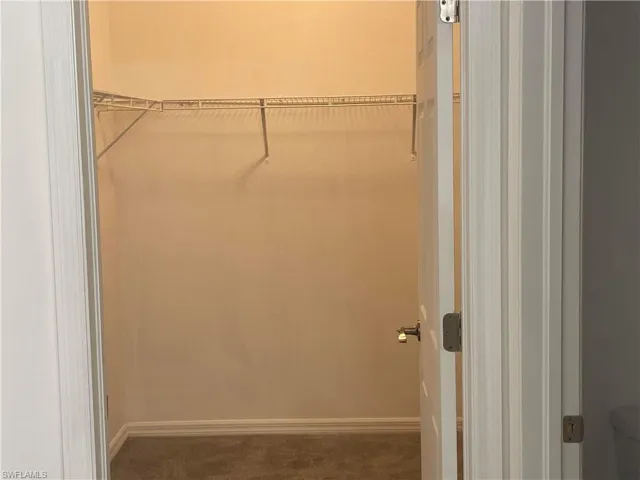 Walk in closet featuring dark colored carpet