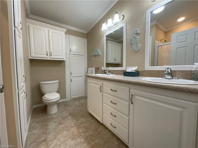 Bathroom with toilet, vanity, crown molding, and a shower with shower door