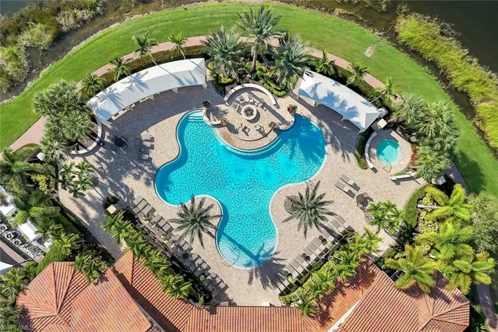 Drone / aerial view of a pool