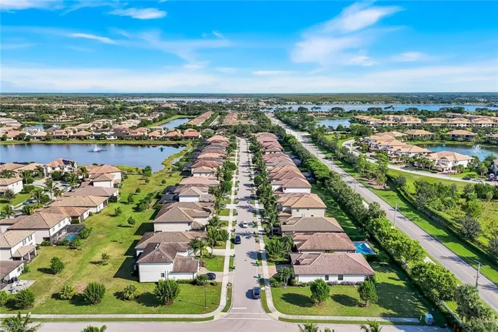 Aerial perspective of suburban area with a nearby body of water