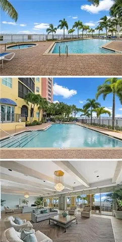 Community pool with a patio