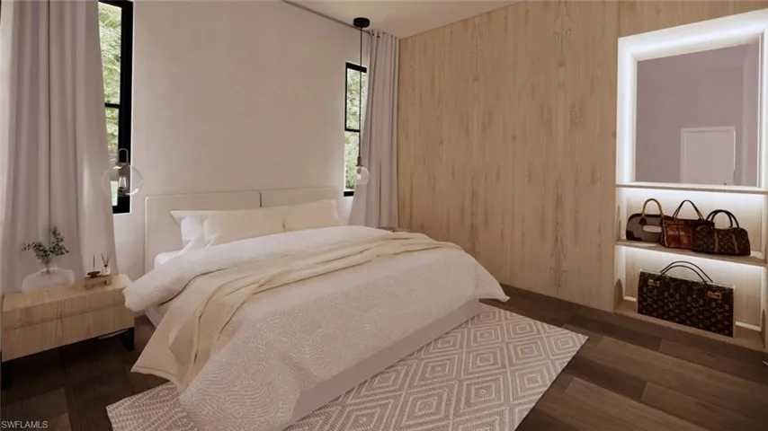 Bedroom with dark wood-style floors and wood walls