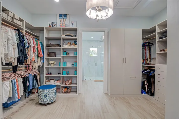 Spacious closet featuring a chandelier and light wood-style floors