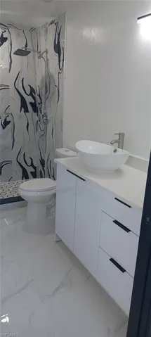 Bathroom featuring vanity, toilet, and walk in shower