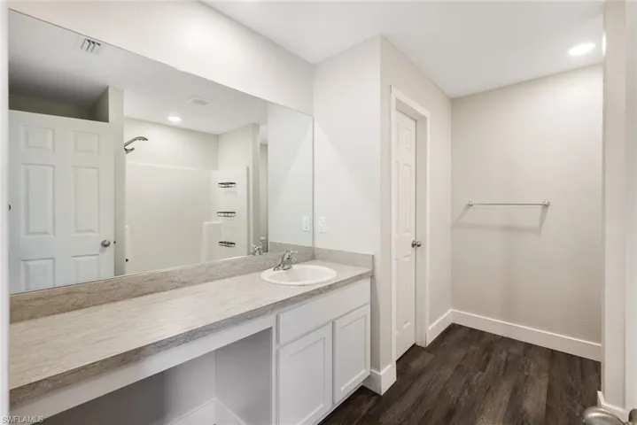 Bathroom with hardwood / wood-style floors and vanity