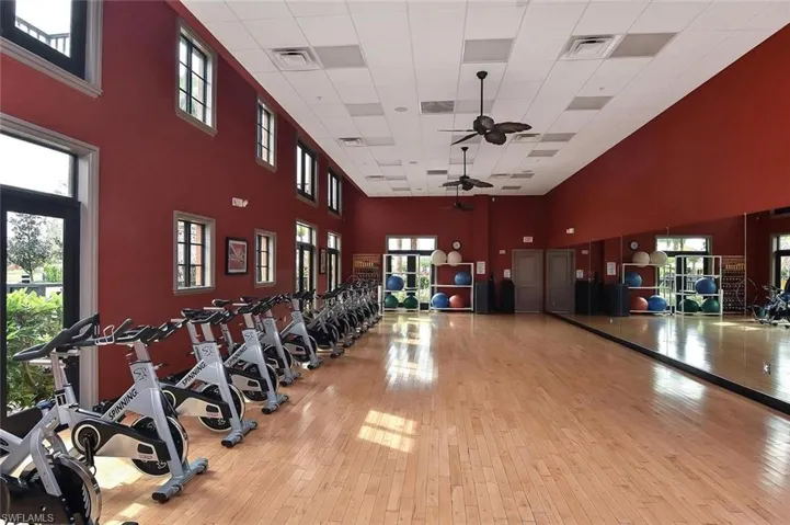 Fitness afficionados can find spinning bikes and a wealth of workout equipment in the gym