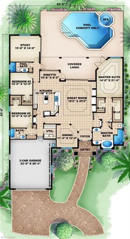Floor plan with dimensions, pool is different than shown here