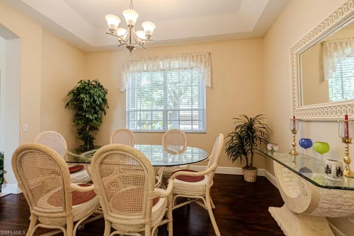 Dining space with a healthy amount of sunlight, dark wood-type flooring, and a raised ceiling