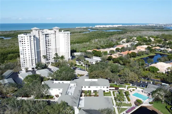 Bird's eye view of community amenity center and pool