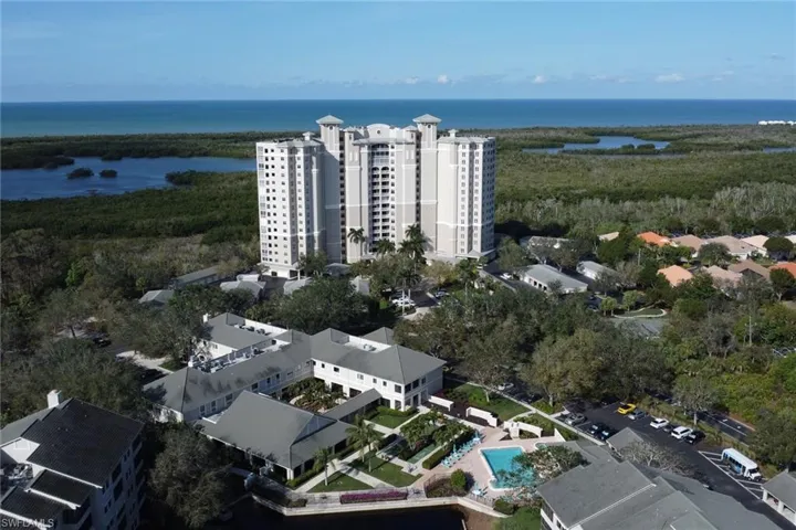 Bird's eye view of community amenity center and pool