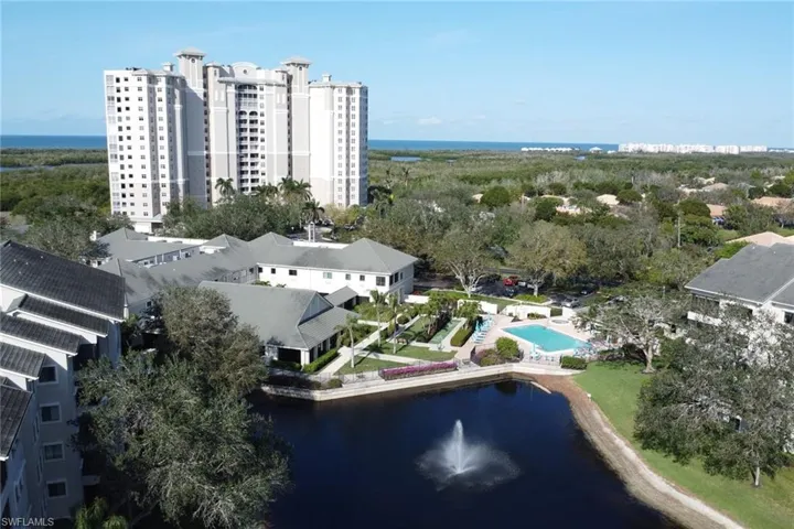 Bird's eye view of community lake, community amenities and pool