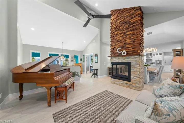 Family room with 3-sided gas fireplace