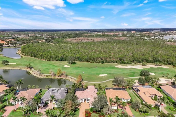 Drone / aerial view. Water and golf course view.