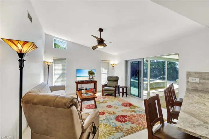 Family room with vaulted ceiling